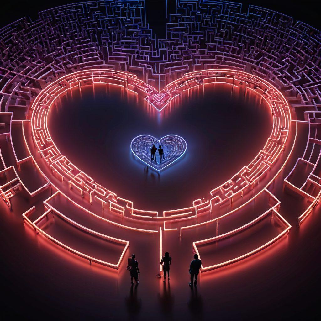 A heart-shaped maze made of glowing digital circuit paths, symbolizing the complexity of online relationships. Include silhouettes of diverse couples engaged in virtual conversations on smartphones and laptops, creating a sense of connection amidst the maze. The background should feature soft, warm colors blending with cool tech hues to represent love in the digital age. Include light sparkles around the paths to evoke a feeling of hope and growth. super-realistic. vibrant colors. white background.