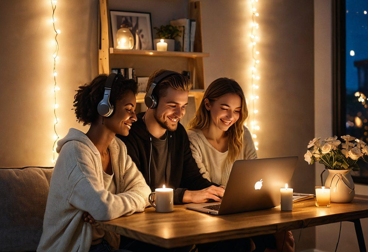 A cozy virtual date scene featuring a laptop on a small table with two coffee cups, displaying a couple smiling at each other through a video call. Surround the scene with warm, inviting lighting and soft decorations like candles, flowers, and fairy lights to create an intimate atmosphere. Include subtle hints of technology like headphones and a smartphone, portraying a blend of romance and digital connection. painting. warm tones. cozy ambiance.